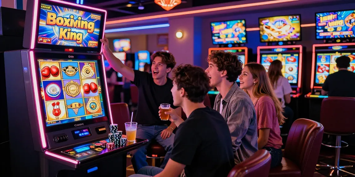 Players enjoying the Boxing King slot game in a vibrant casino environment, showcasing excitement and modern gaming aesthetics.