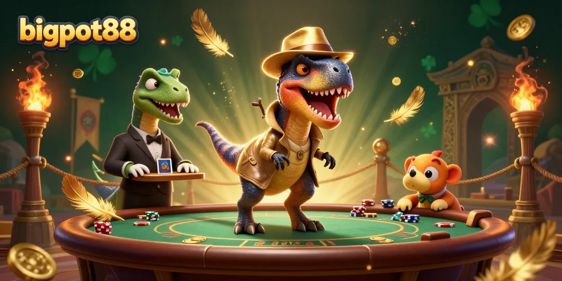 Experience the thrill at bigpot88, where the velociraptor plays cards while a stegosaurus watches over winnings.