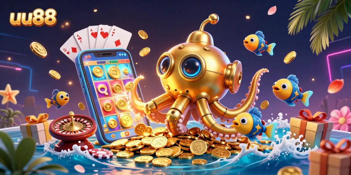 Engage with exciting slots at uu88, featuring a vibrant kraken and a dynamic casino atmosphere.