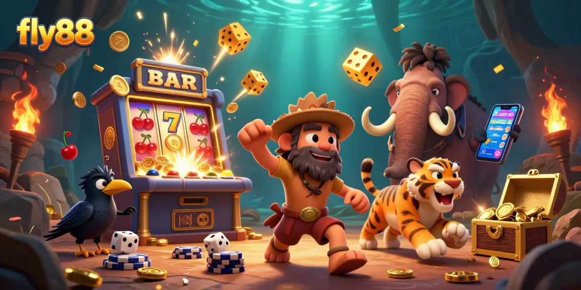 Experience thrilling jackpots at fly88 with a vibrant prehistoric casino scene full of excitement and colorful game elements.