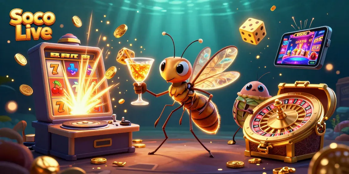 Soco Live features a lively casino scene with a frozen mosquito mascot, a trilobite DJ, and dynamic casino elements.