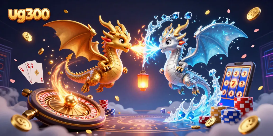 Gambarkan permainan menarik di ug300 dengan naga terbang, koin emas, dan kartu poker.