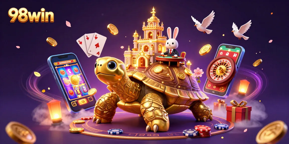 Win big at 98win with a whimsical gaming illustration of a tortoise casino featuring vibrant characters and gold coins.