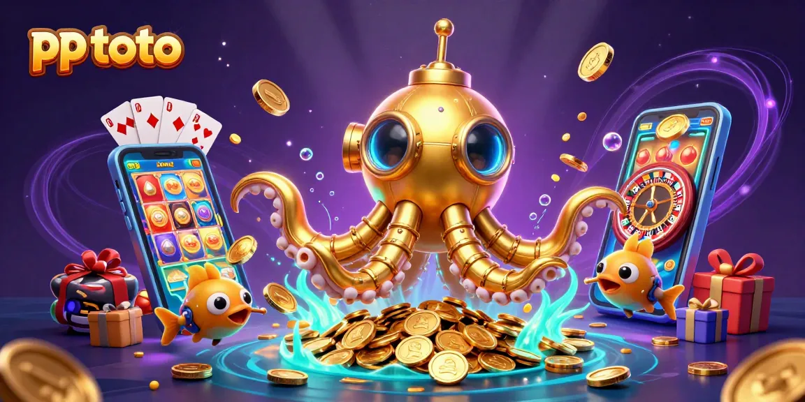 Experience thrilling gameplay with pp toto as a golden kraken submarine surfaces amidst coins and slot games.