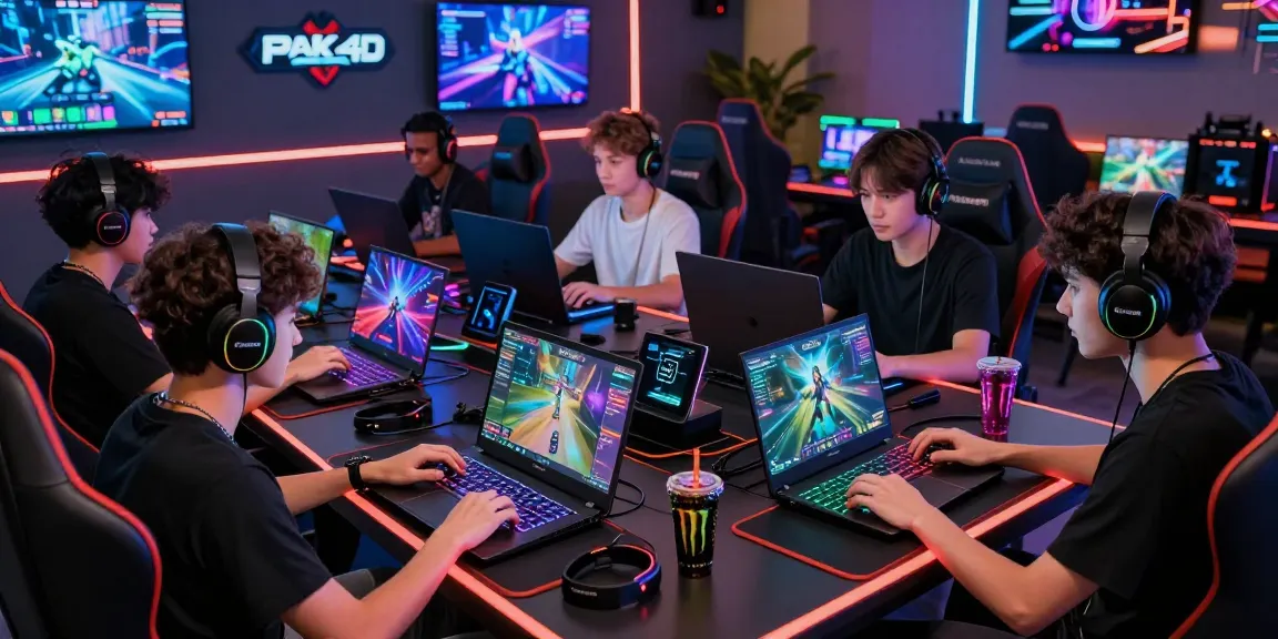 Gamers immersed in pakde4d, showcasing an exciting, modern gaming lounge environment with vibrant visuals.