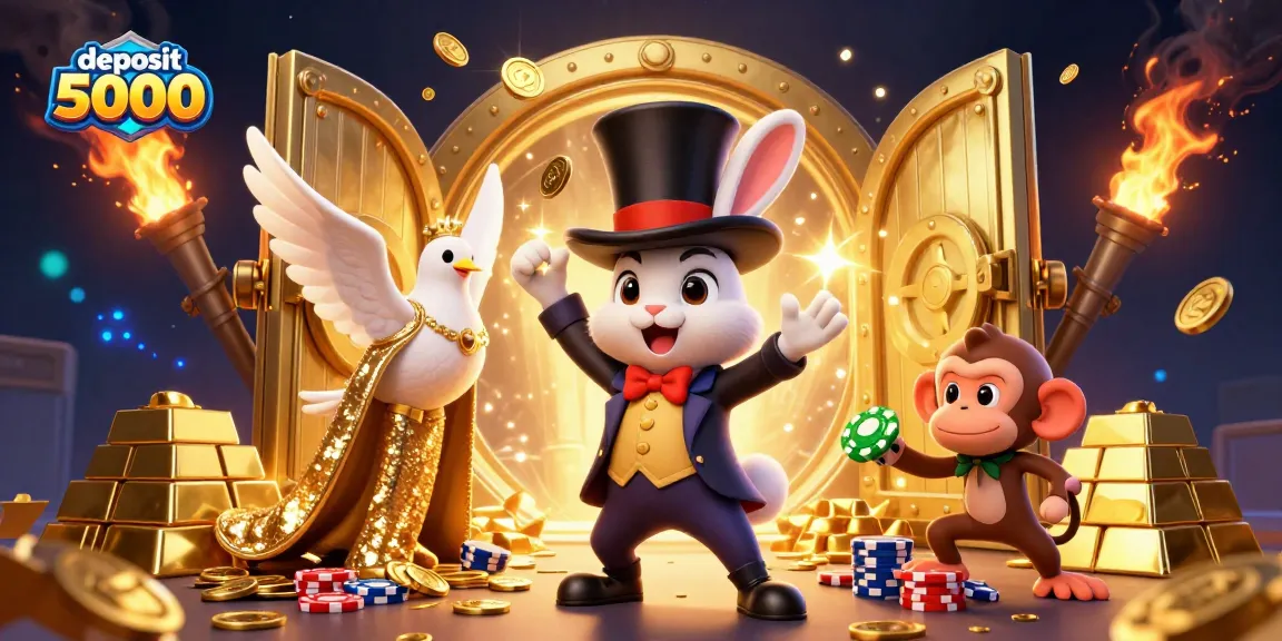 Experience thrilling adventures at deposit 5000 with a magical rabbit, a dove, and a playful monkey in a vibrant casino illustration.