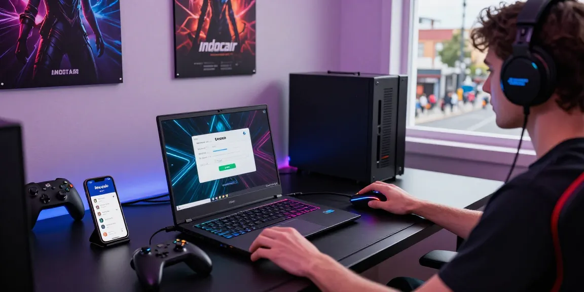 Excited gamer at indocair login with vibrant desktop setup and gaming accessories.