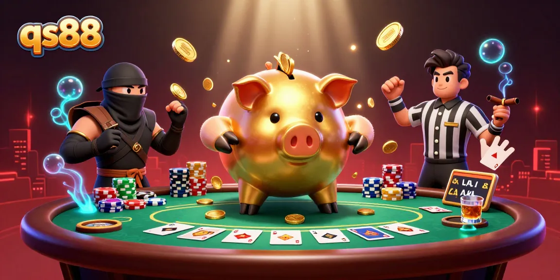 Engage with the dynamic qs88 casino scene featuring a golden piggy bank sumo wrestler among poker chips and cards.